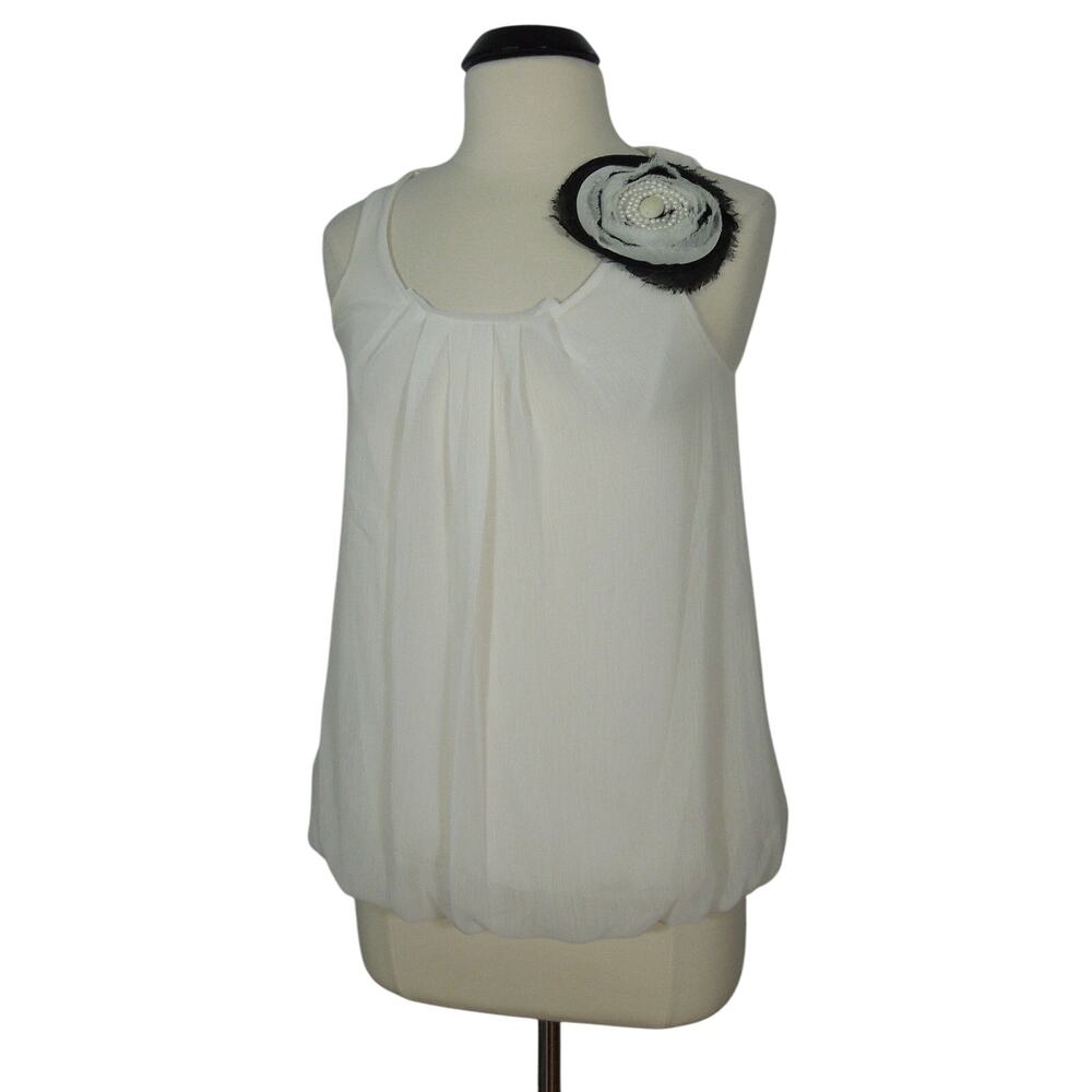 PERIDOT Blouse Womens Flower Embellished Sheer Ivory Elastic Bottom Hem